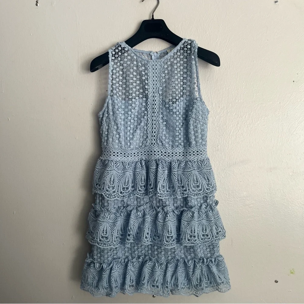 The Clothing Company Baby Blue Tiered Crochet Knit Lace Mini Dress - Picture 14 of 15